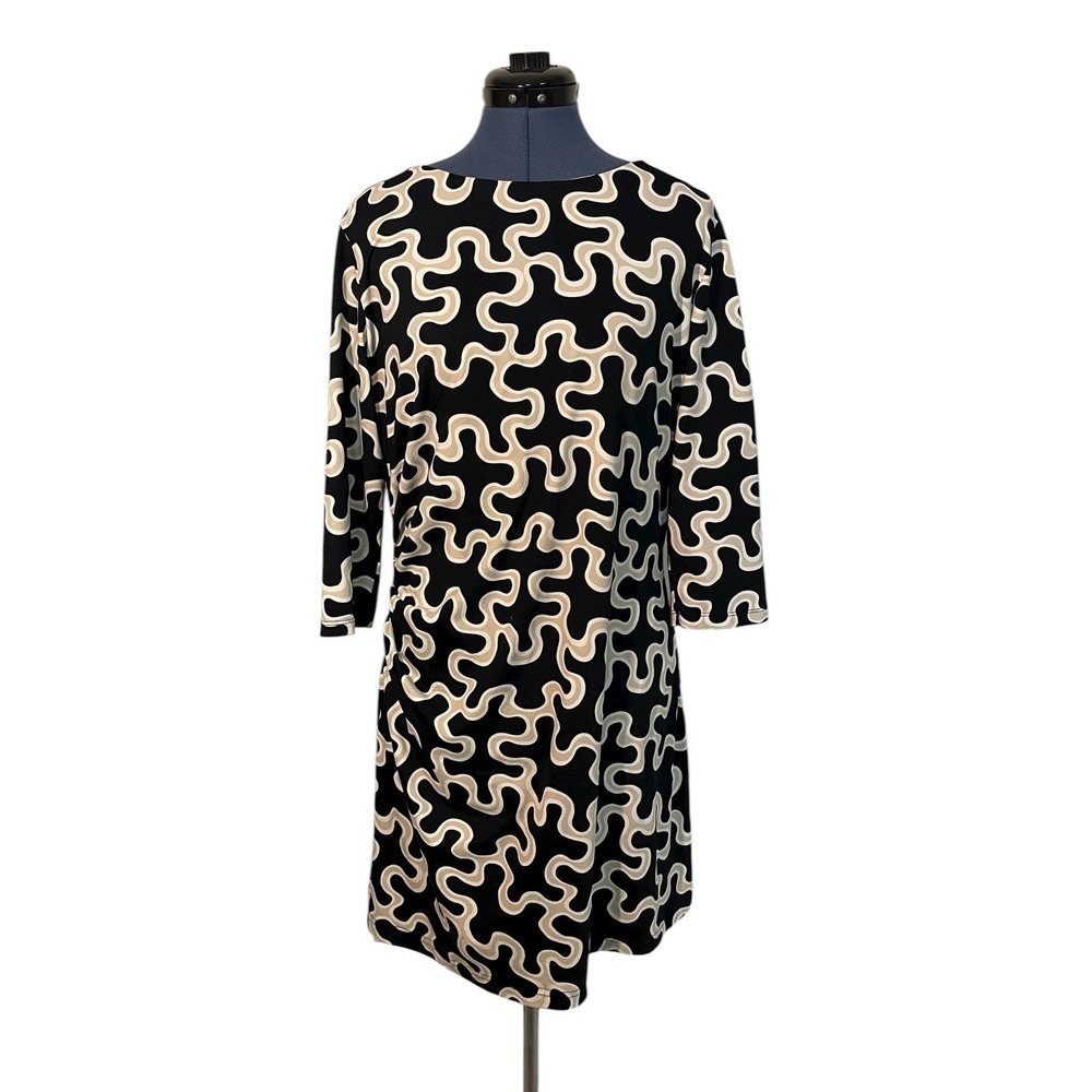 J McLaughlin Sage Dress Black Beige Geo Catalina Cloth Ruched Waist Career XL